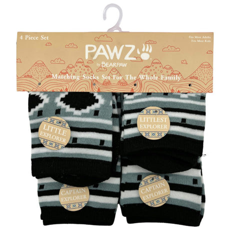 BearPaw 4 Piece Assorted Sizes Family Matching Crew Socks in Black Striped Explorer Design
