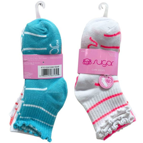 Sugar 6 Pack Capri Girls Ribbed Lettuce Edge Socks in Bright Stripes