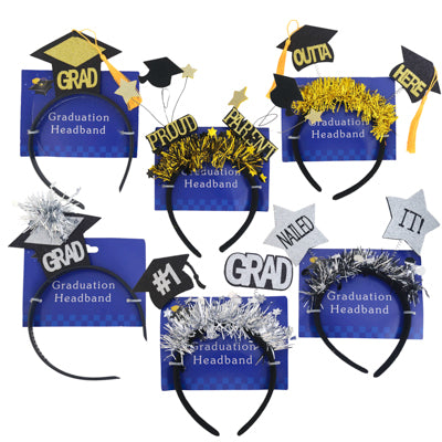 Graduation Headband 6ast W/tinsel Or Tassel Barbell Hdr