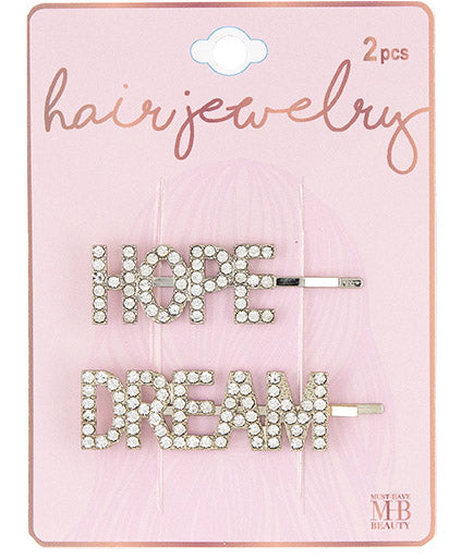 Silver Bobby Pins w/ "Hope" & "Dream" Jewel Embelishment- 2-Pack
