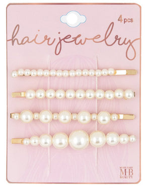 Gold Hair Barrettes w/ Pearl Embelishment in Assorted Sizes - 4-Pack