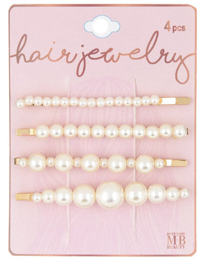 Gold Hair Barrettes w/ Pearl Embelishment in Assorted Sizes - 4-Pack