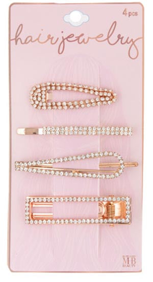 Rose Gold Hair Barrettes & Hair Clip Set w/ Embroidered Rhinestone - 4-Pack