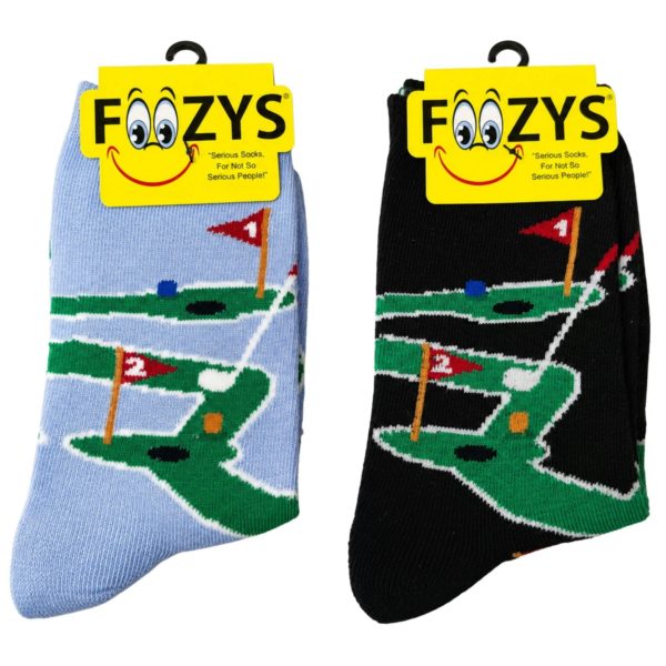 FOOZYS Crew Socks Assorted Black & Light Blue with Mini Golf Design Size 9-11