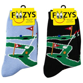 FOOZYS Crew Socks Assorted Black & Light Blue with Mini Golf Design Size 9-11