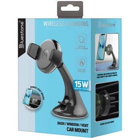 Bluestone 15W Wireless Charging Car Mount with Suction & Vent Clip