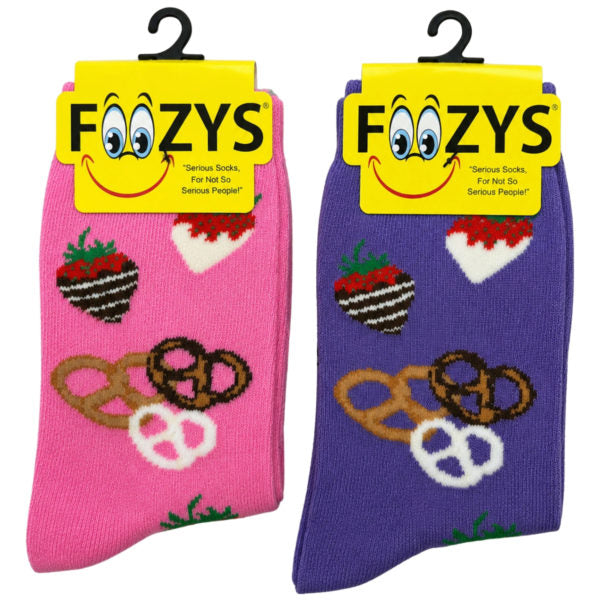 FOOZYS Crew Socks Assorted Pink & Purple with Chocolate Covered Strawberry & Pretzel Design Size 9-11