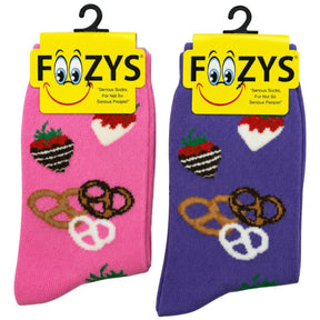 FOOZYS Crew Socks Assorted Pink & Purple with Chocolate Covered Strawberry & Pretzel Design Size 9-11