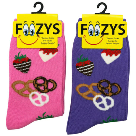 FOOZYS Crew Socks Assorted Pink & Purple with Chocolate Covered Strawberry & Pretzel Design Size 9-11