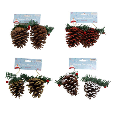 Pinecone Ornament 2pk 4ast W/glitter Gold/red/natural/white Christmas Headercard