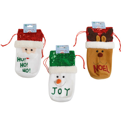 Christmas Wine Bottle Cover/gift Bag 3ast W/sequin Hat Santa/snowman/reindeer/header
