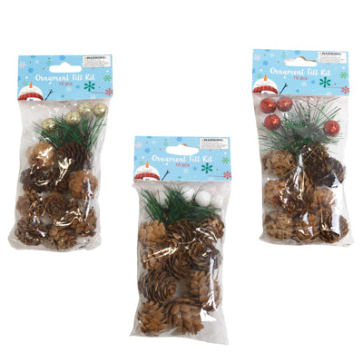 Ornament Filler/decor Set 16pc 3ast Pinecones/glitter Berry Picks/pine Needles Pbh