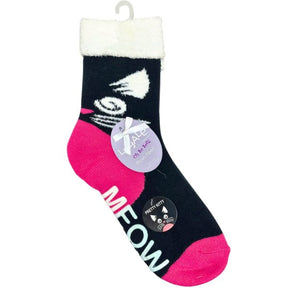 Legale 1 Pair Plush Socks Duo Layer Kitty Design w/ Grip Black One Size