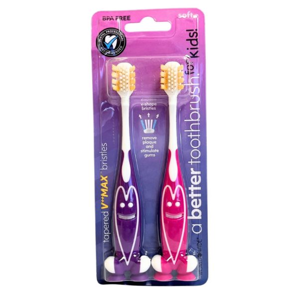 Two Pack V Max Kids Toothbrushes in Purple and Pink