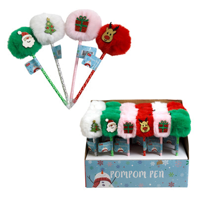 Christmas Ballpoint Pen W/4 Novelty Pompom Characters 24pc Pdq/label