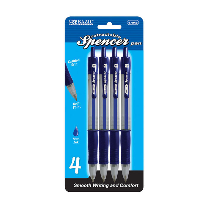 Spencer Blue Retractable Pen w/ Cushion Grip (4/Pack)
