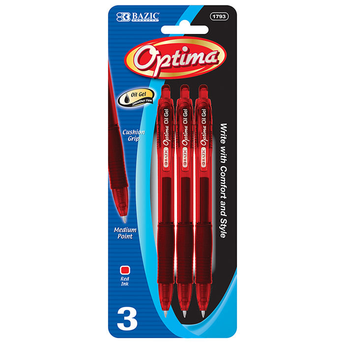 Optima Red Oil-Gel Ink Retractable Pen w/ Grip (3/Pack)