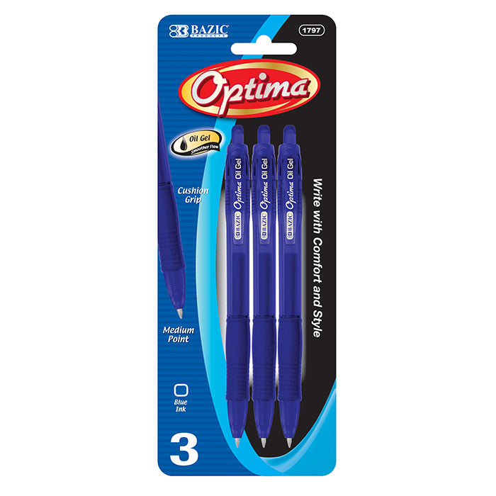 Optima Blue Oil-Gel Ink Retractable Pen w/ Grip (3/Pack)