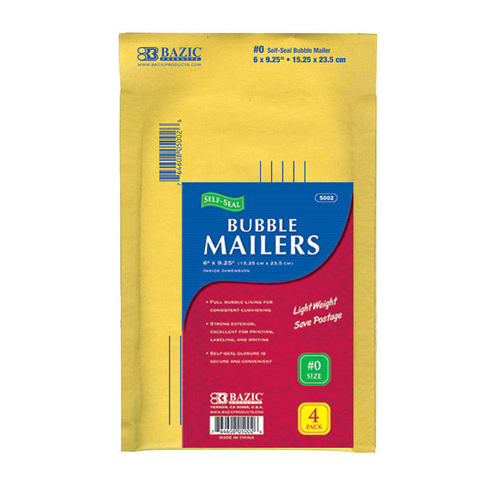 6" X 9.25" (#0) Self-Seal Bubble Mailers (4/Pack)