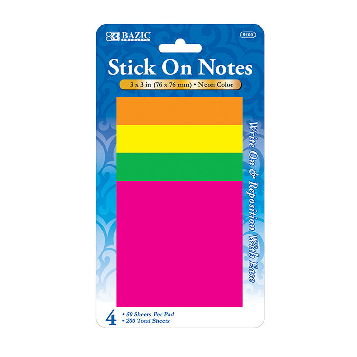 40 Ct. 3" X 3" Neon Stick On Notes (4/Pack)