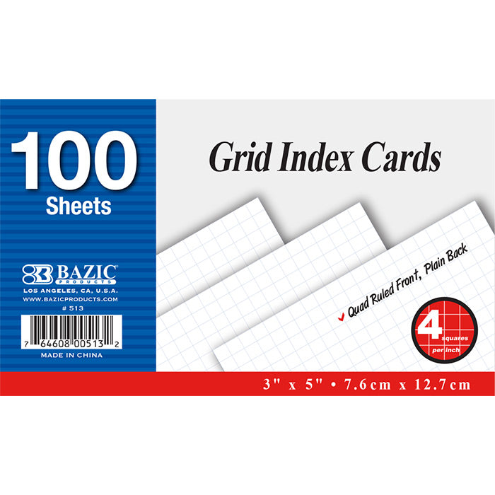 100 Ct. 3" X 5" Quad Ruled 4-1" White Index Card