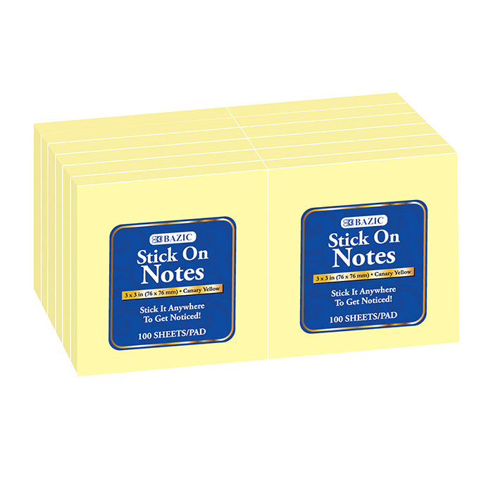 100 Ct. 3" X 3" Yellow Stick On Notes (12/Shrink)