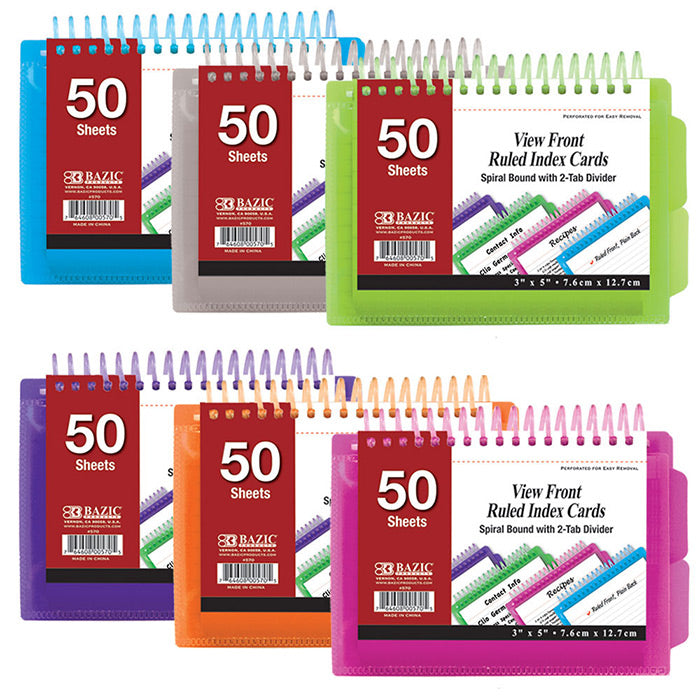 50 Ct. View Poly Spiral Bound 3" X 5" Ruled White Index Card w/ 2-Tab Divider