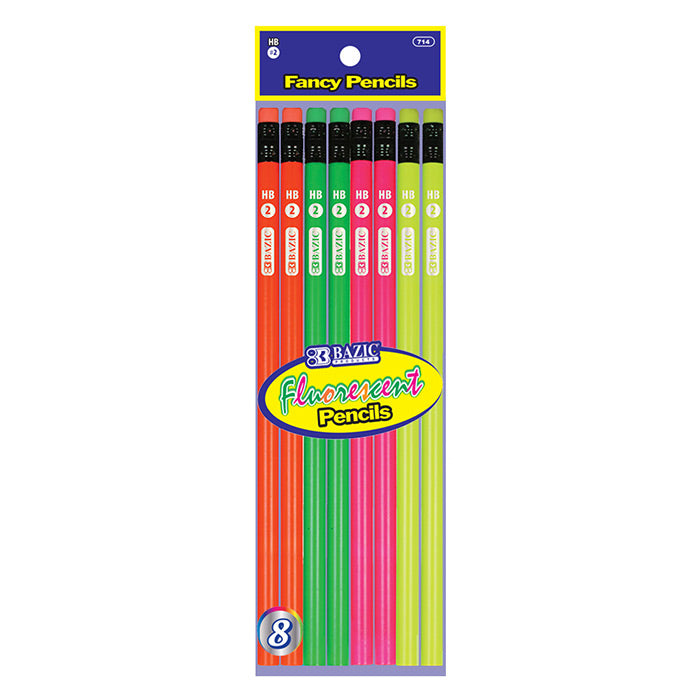 Fluorescent Wood Pencil w/ Eraser (8/Pack)