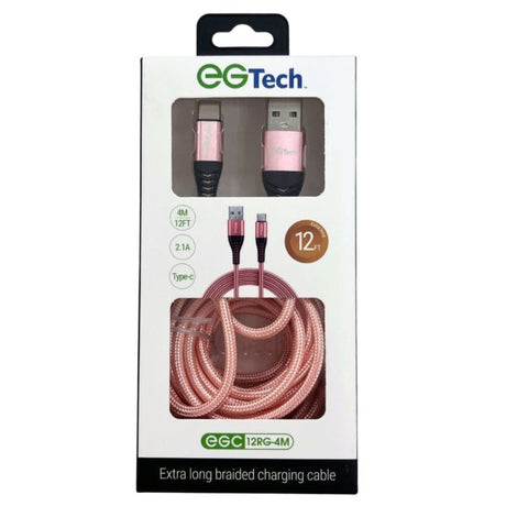 EG Tech 2.1A Braided 12 Foot USB Type Cable in Pink