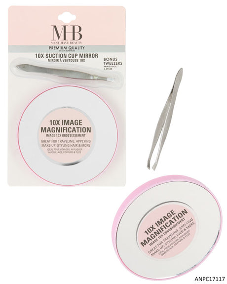 MHB (Must Have Beuaty) Premium 10X Suction Cup Mirror w/ Tweezers