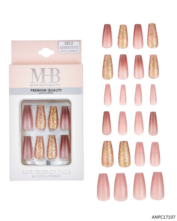 MHB (Must Have Beuaty) Premium Coffin Shaped Burgundy Glitter Faux Nails - 30-Pack