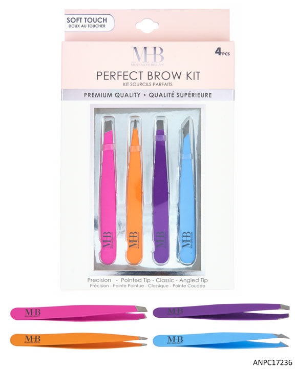 MHB (Must Have Beuaty) Premium Soft Touch Perfect Brow Tweezer Set - Assorted Colors - 4-Pack