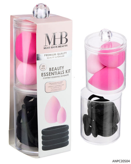 MHB (Must Have Beuaty) Premium 19 PC.Make-Up Sponges & Hair Elastics  w/ Beauty Essential Organizer