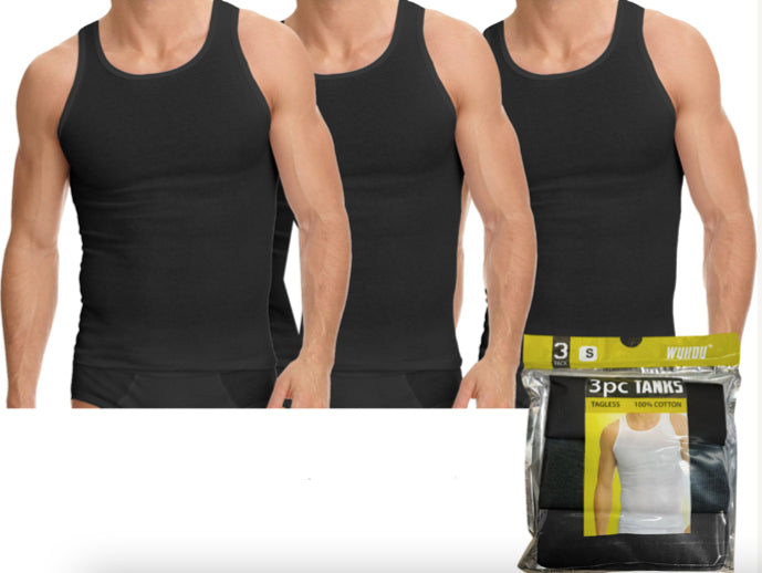 Men's Athletic A-Shirts - 3-Pack - Black - Choose Your Size(s)