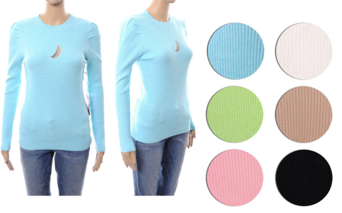 Women's Cashmere Mock Neck Sweaters w/ Moon Crescent Cut-Out - Assorted Colors