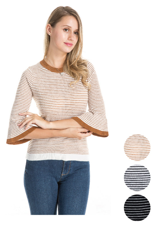 Women's Knit Tops w/ Bell Sleeves - Striped Prints