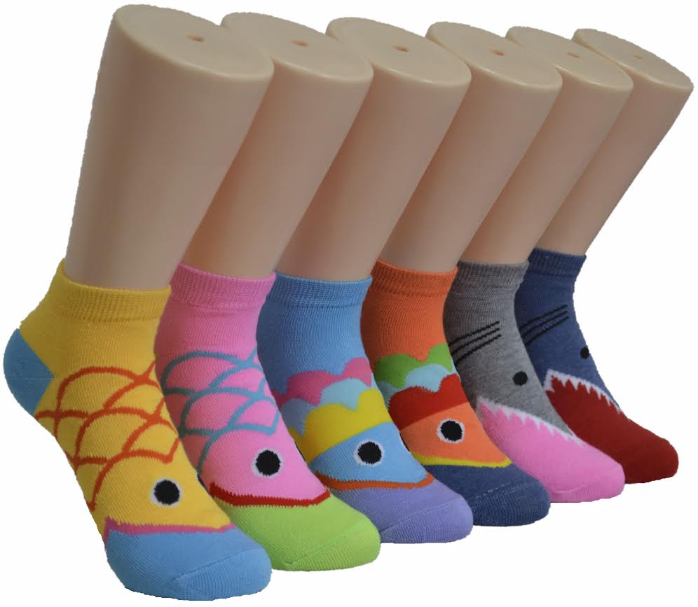 Women's Low Cut Novelty Socks - Fish & Shark Print - Size 9-11