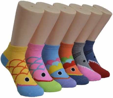 Women's Low Cut Novelty Socks - Fish & Shark Print - Size 9-11