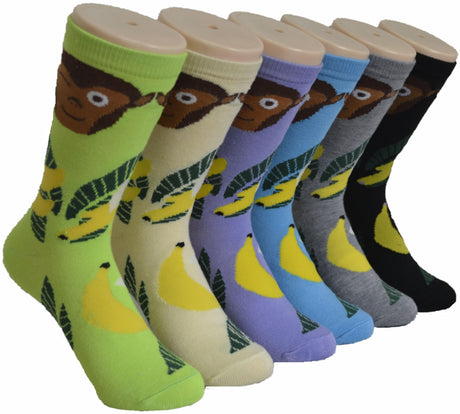 Women's Novelty Crew Socks - Monkey & Banana Print - Size 9-11