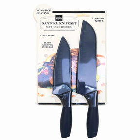 Non-Stick Santoku and Bread Kitchen Knife with Blade Guard Sheaths Set