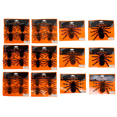 Spider Flocked Single 4" Or 4pk - 3" Brown/ Blk W/ Glitter Trim Asst