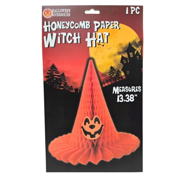 Red Halloween Witch Hat Honeycomb Paper Hanging Decoration with Pumpkin Design