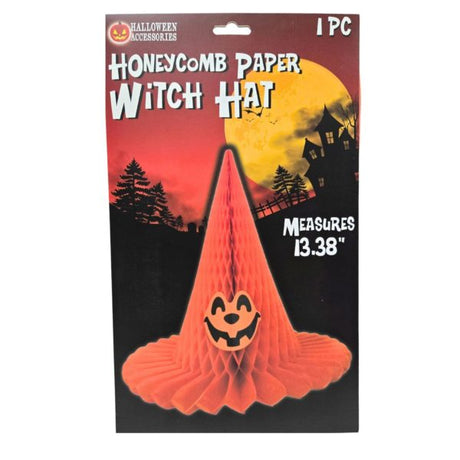 Red Halloween Witch Hat Honeycomb Paper Hanging Decoration with Pumpkin Design