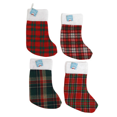 Stocking Christmas Plaid 4ast 17in W/white Furry Cuff Felt Backed/jhook/ht