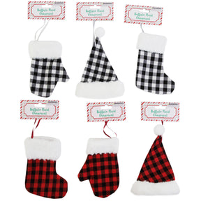 Ornament Buffalo Plaid W/fur Plush Trim Mini Stocking/hat/glove 6ast Xmas Header Card