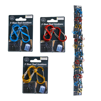 Carabiner S-shape Double Gated 3pk 2inl Alloy/iron 3ast Clrs On 12pc Mdsg Strip/tcd