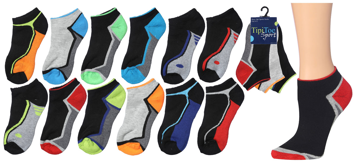 Boy's Cushioned Low Cut Socks w/ Arch Support - Urban Sport Prints - Size 6-8 - 3-Pair Packs