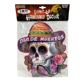 Sugar Skull with Sombrero LED Light-Up Dia de Muertos Hanging Core Board Decor