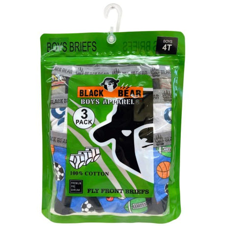 Black Bear Boys 3 Pack Printed Briefs in Assorted Colors and Designs in Sizes 2T 3T 4T