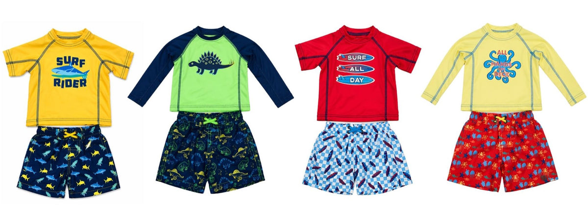 Toddler Boys Printed Rash Guard & Swim Trunk Sets - Dinosaur, Shark, & Octopus Print - Sizes 2T-4T